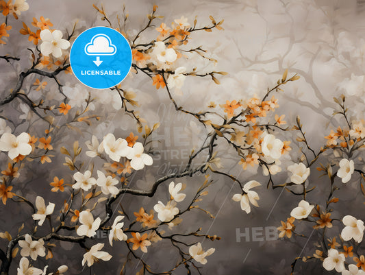 A Tree Branch With White And Orange Flowers