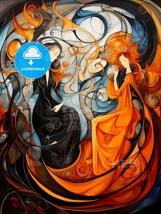 A Painting Of Two Women In Black And Orange Dresses