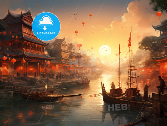 A Painting Of A City With Boats And Buildings