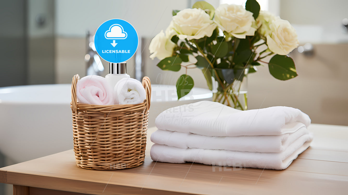 A Basket Of Towels And A Vase Of Roses