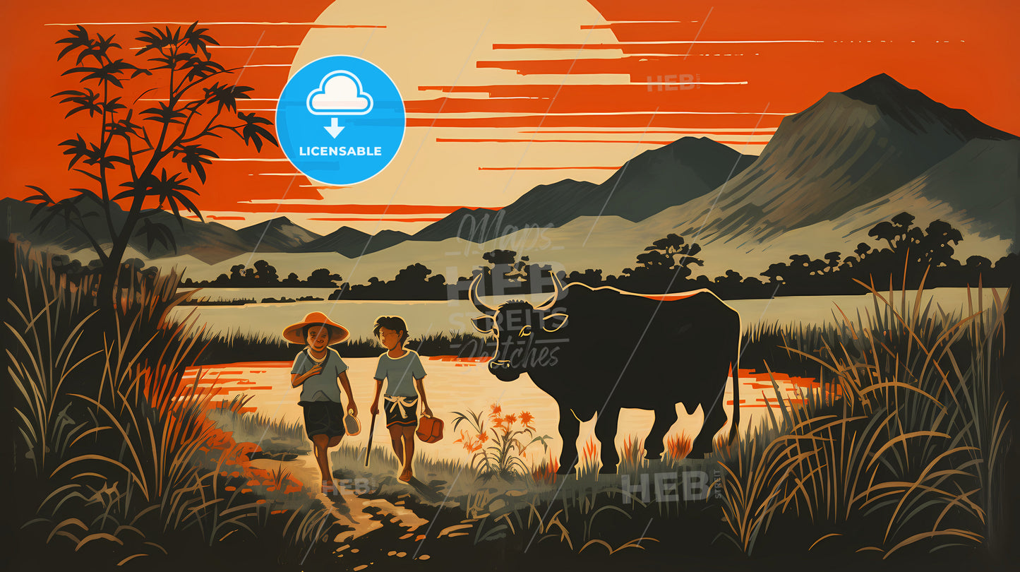 A Painting Of Two Kids Walking By A Body Of Water With A Cow