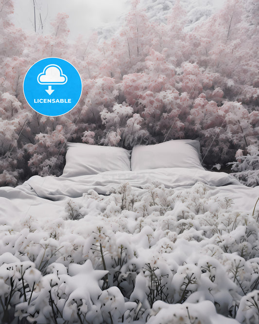 A Bed Covered In Snow Surrounded By Bushes