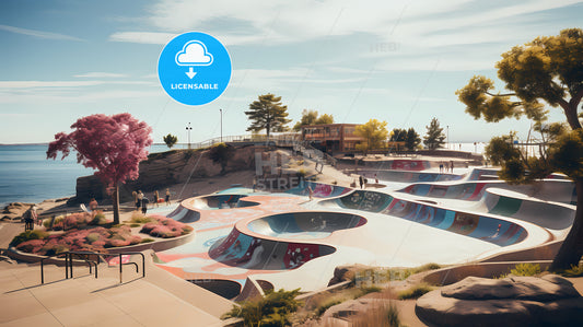 A Skate Park With A Group Of People And Trees