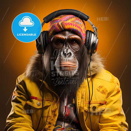 A Gorilla Wearing Headphones And A Yellow Jacket