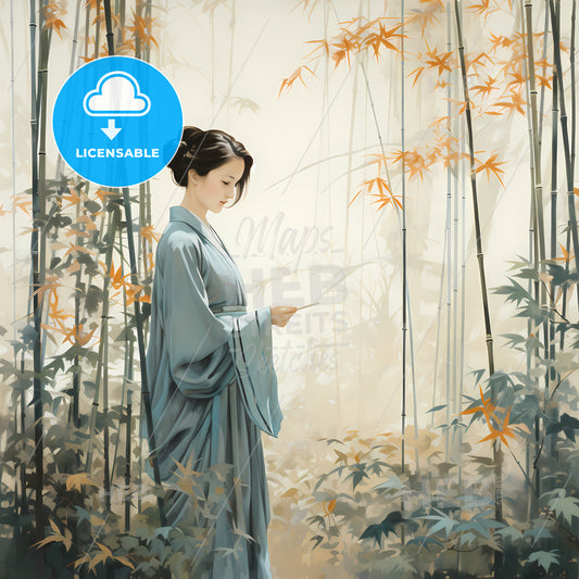 A Woman In A Blue Robe Standing In A Forest