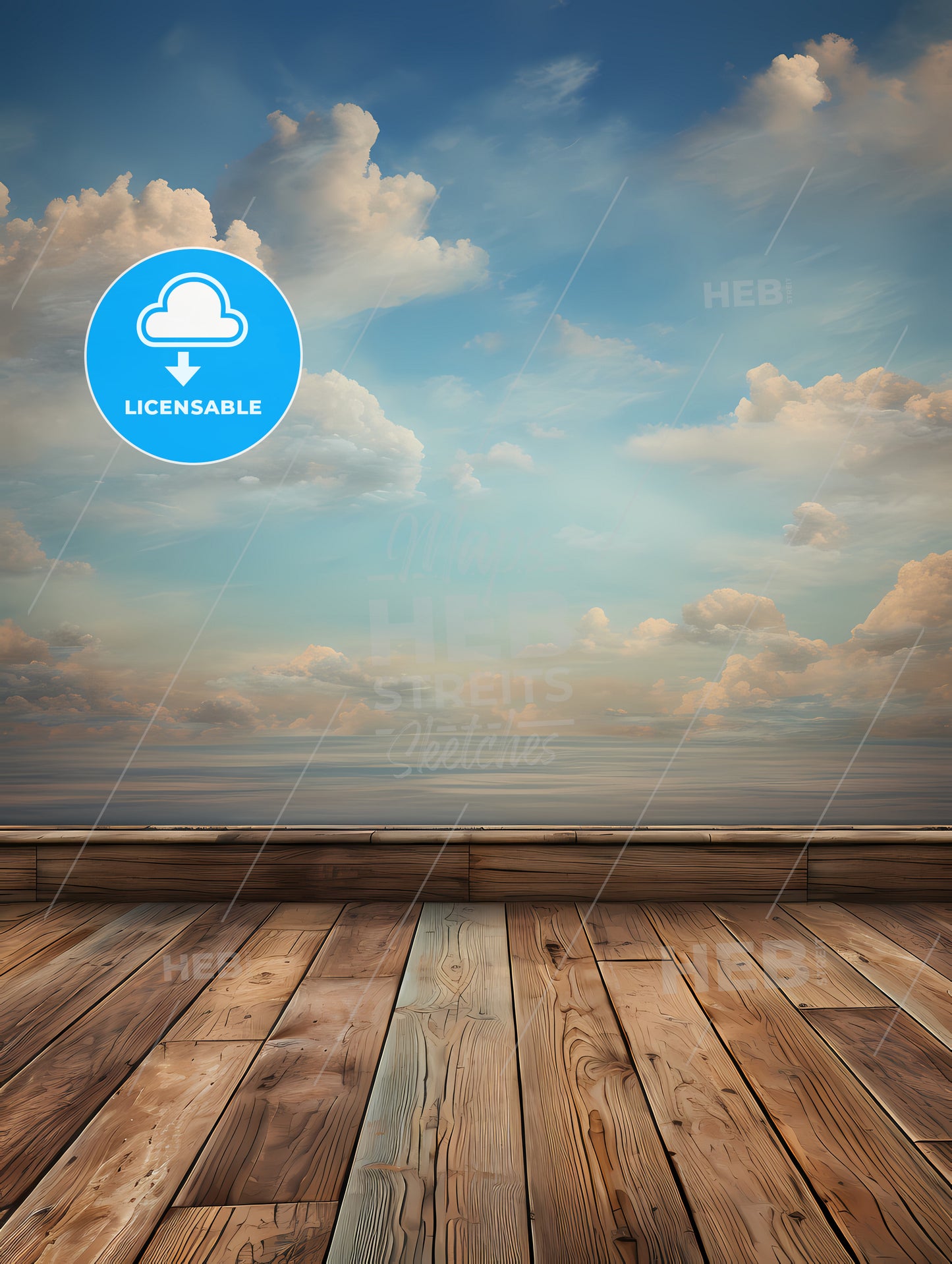 A Wooden Deck With A Cloudy Sky