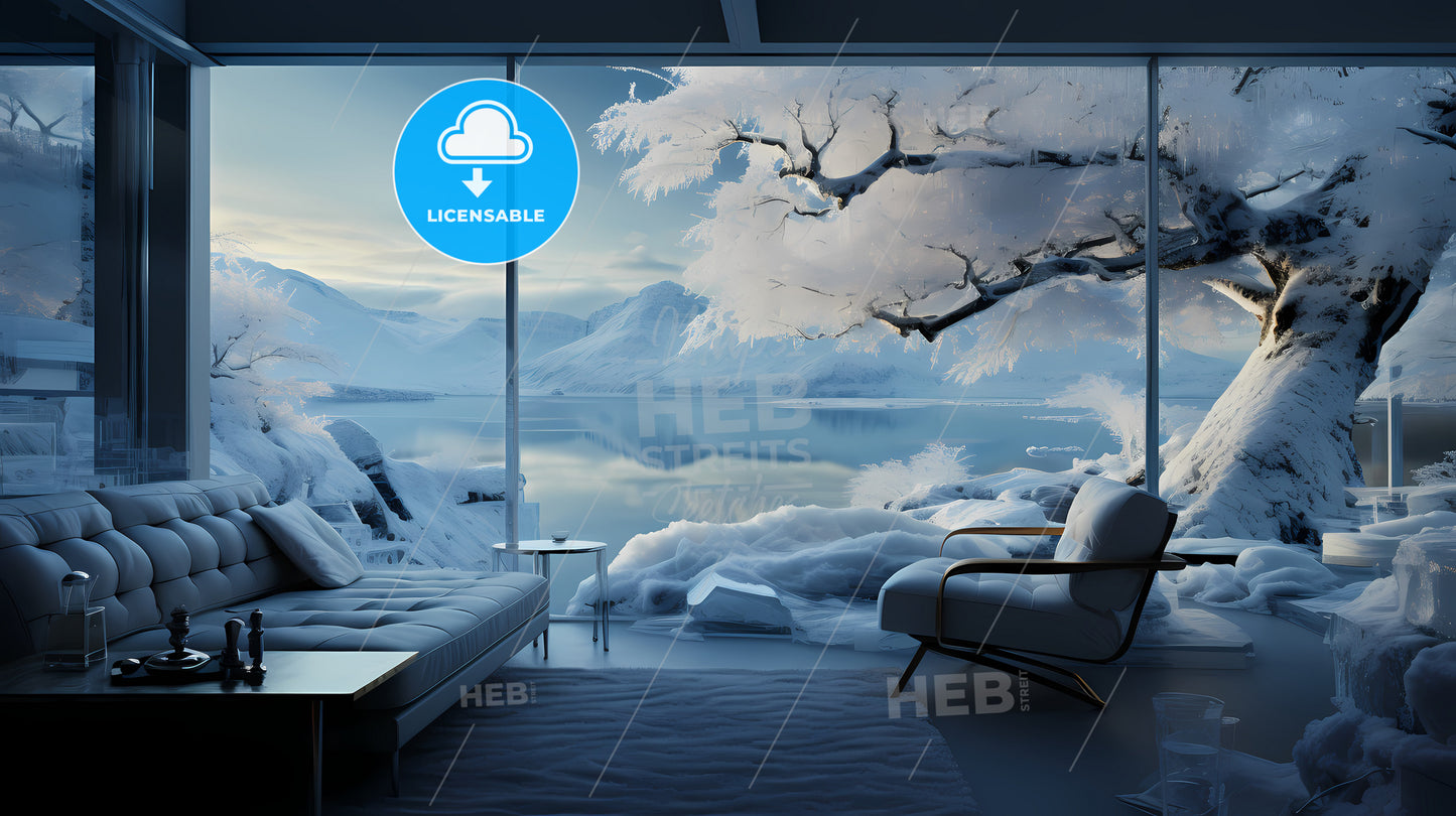 A Room With A View Of A Snowy Mountain And A Lake