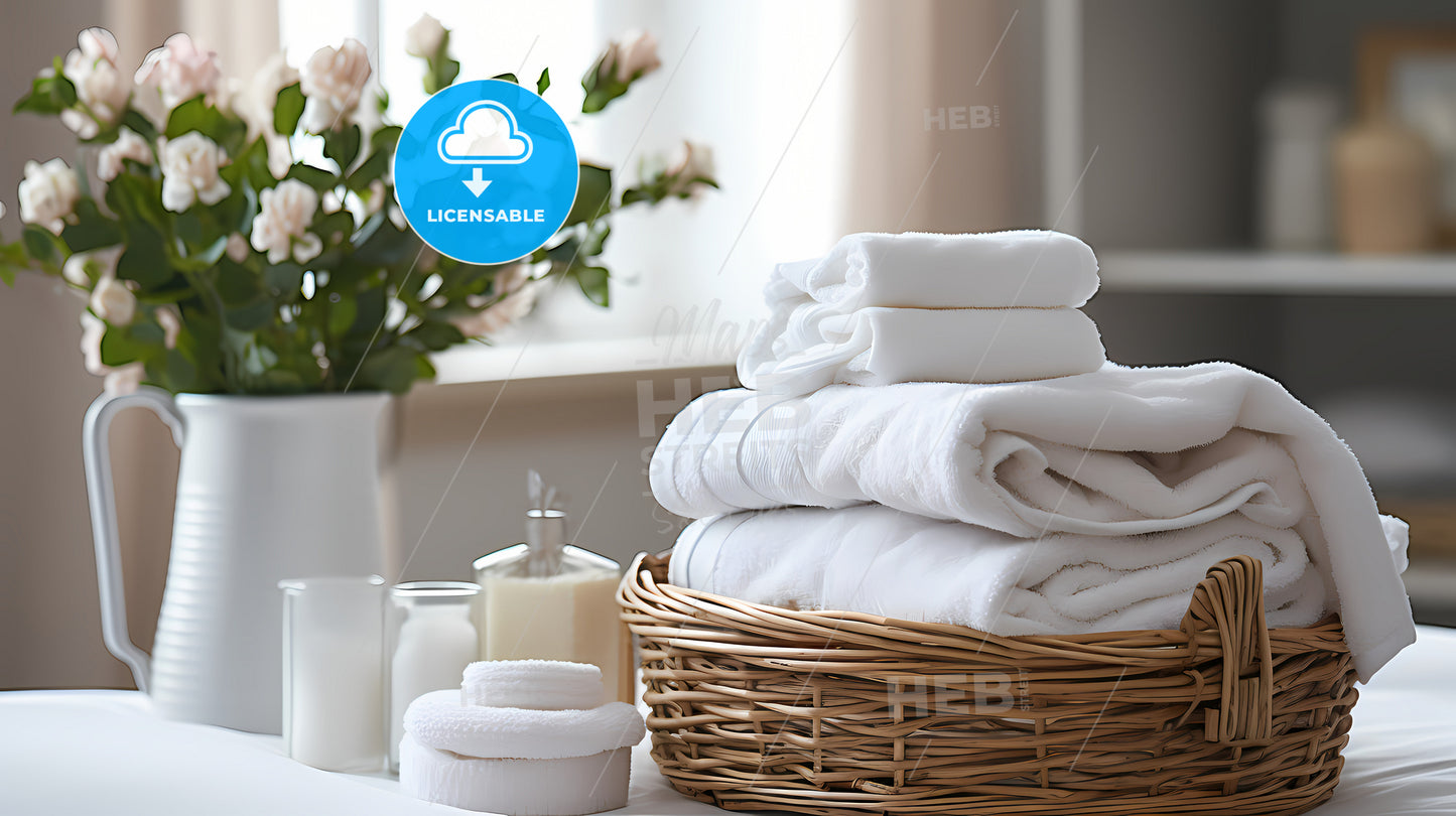 A Basket Of Towels And Flowers
