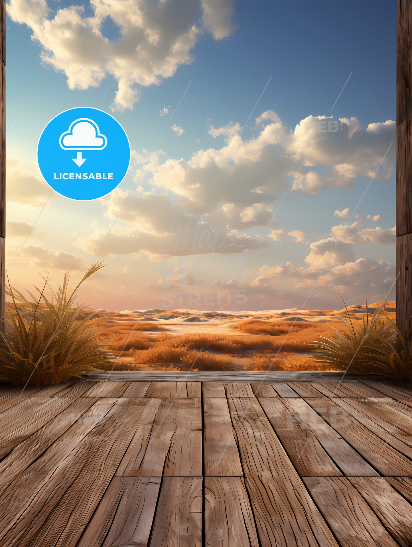 A Wood Deck With Plants And A View Of A Desert Landscape