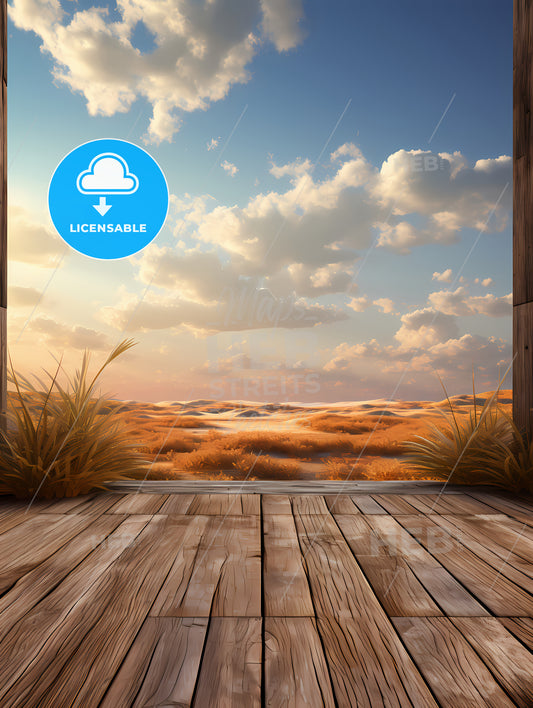 A Wood Deck With Plants And A View Of A Desert Landscape