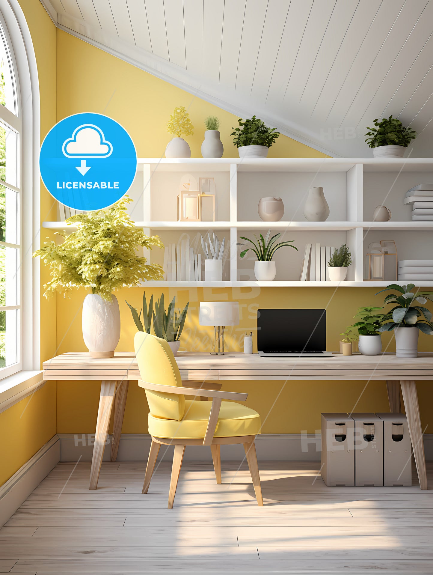 A Room With A Desk And A Chair And A Plant