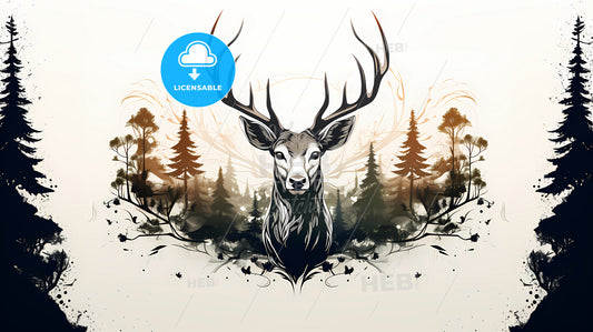 A Drawing Of A Deer With Trees And A Forest