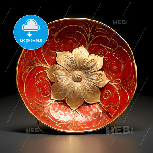 A Red And Gold Plate With A Flower On It