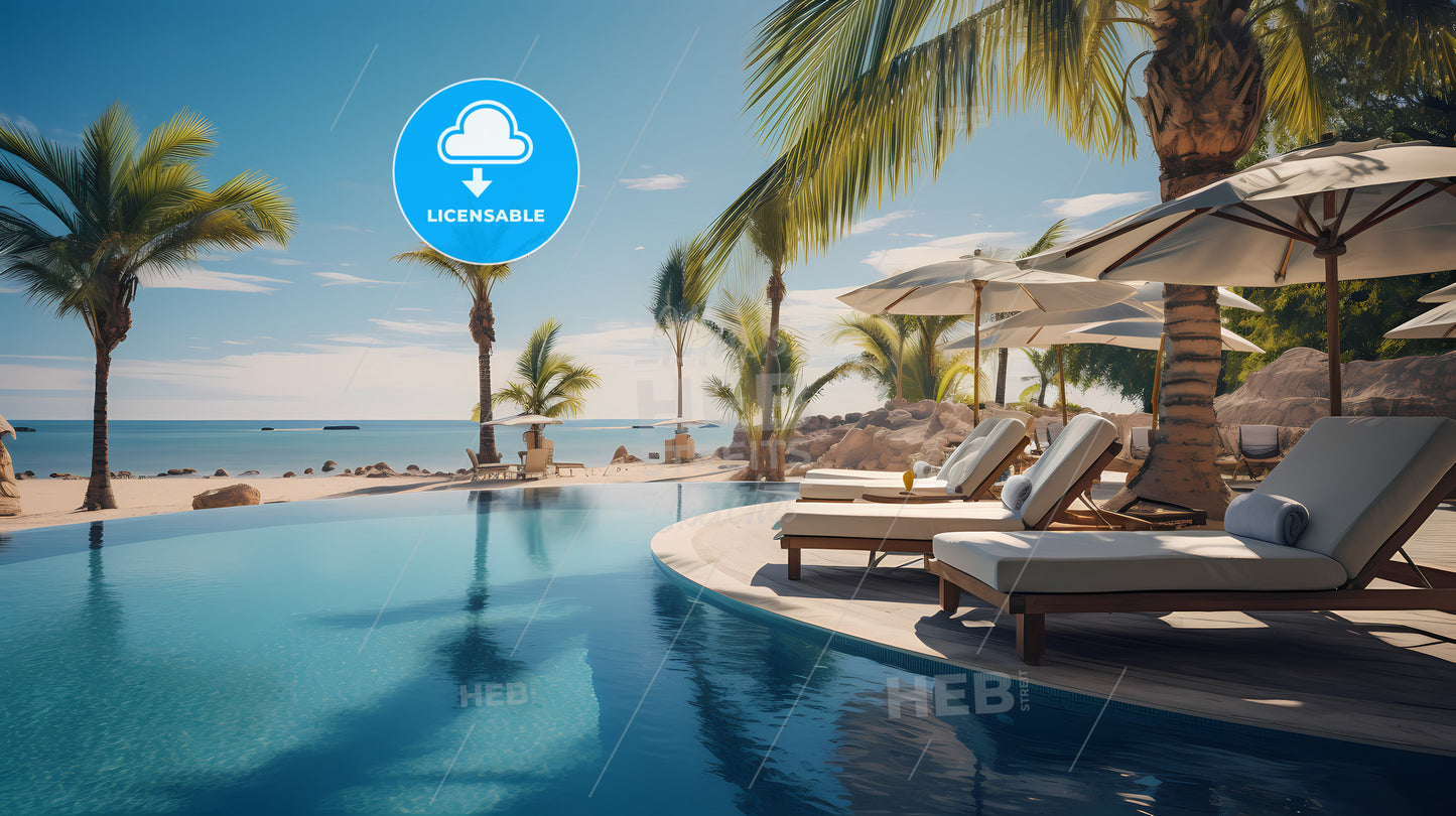 A Pool With Lounge Chairs And Umbrellas And Palm Trees