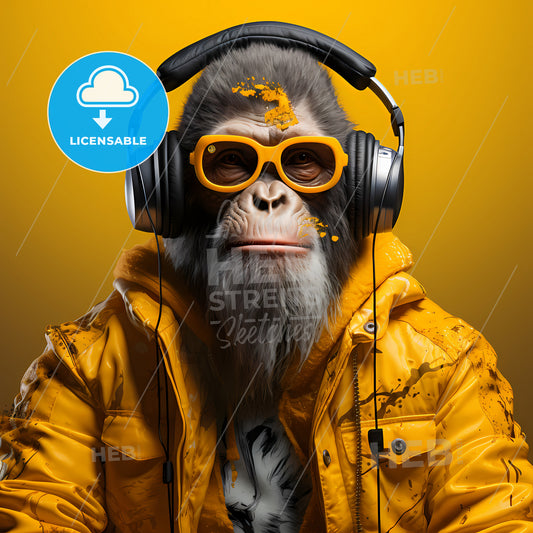 A Monkey Wearing Headphones And Yellow Jacket