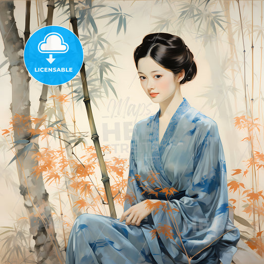 A Woman Sitting In A Blue Robe