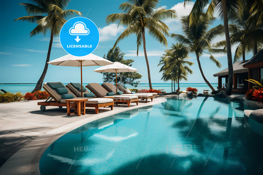 A Pool With Chairs And Umbrellas By The Water