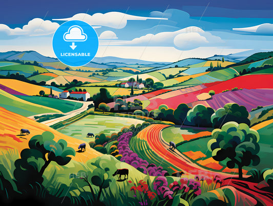 A Landscape With Cows Grazing In A Valley