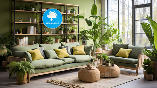 A Living Room With Green Furniture And Plants