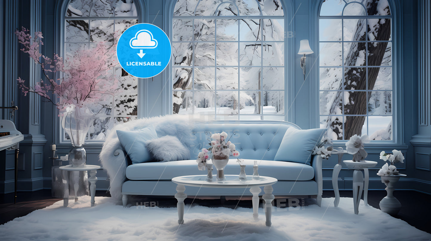 A Room With A Couch And A Table With Snow
