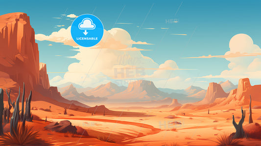A Landscape Of A Desert With Mountains And Blue Sky
