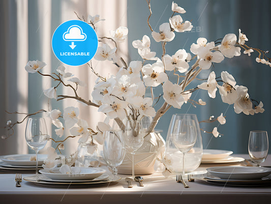 A Table With White Flowers And Plates