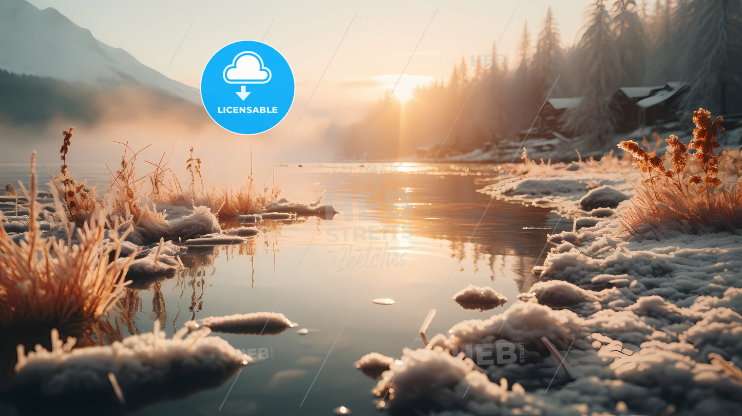 A River With Snow And Trees In The Background