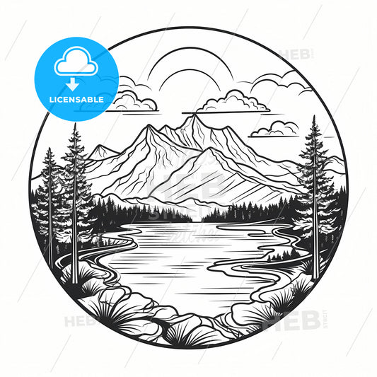 A Circular Drawing Of A River And Mountains