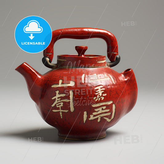 A Red Teapot With White Writing On It