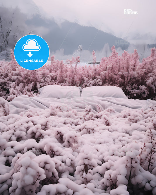A Bed Covered In Snow Surrounded By Pink Flowers