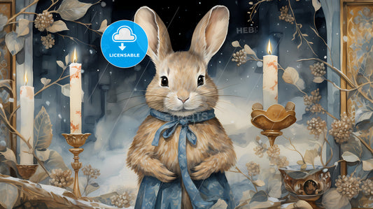 A Rabbit Wearing A Scarf And Standing In Front Of A Candle
