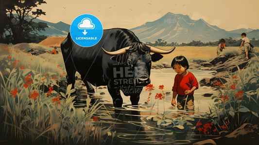 A Child Standing In Water With A Cow