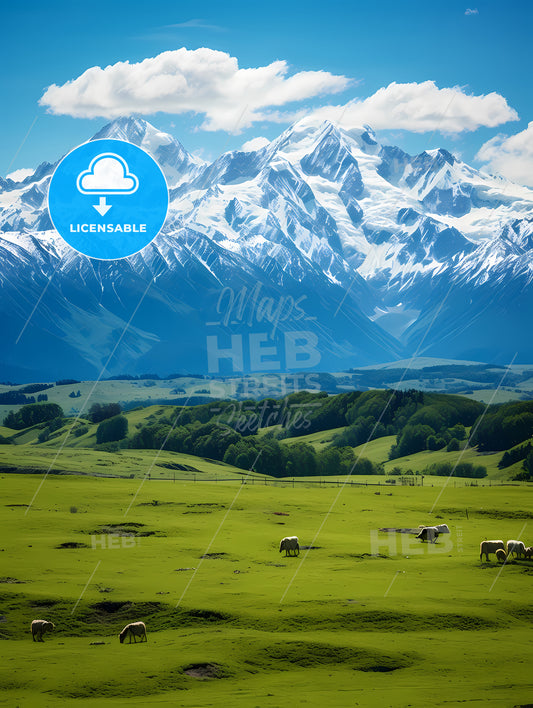 A Group Of Sheep Grazing In A Field With A Snowy Mountain In The Background