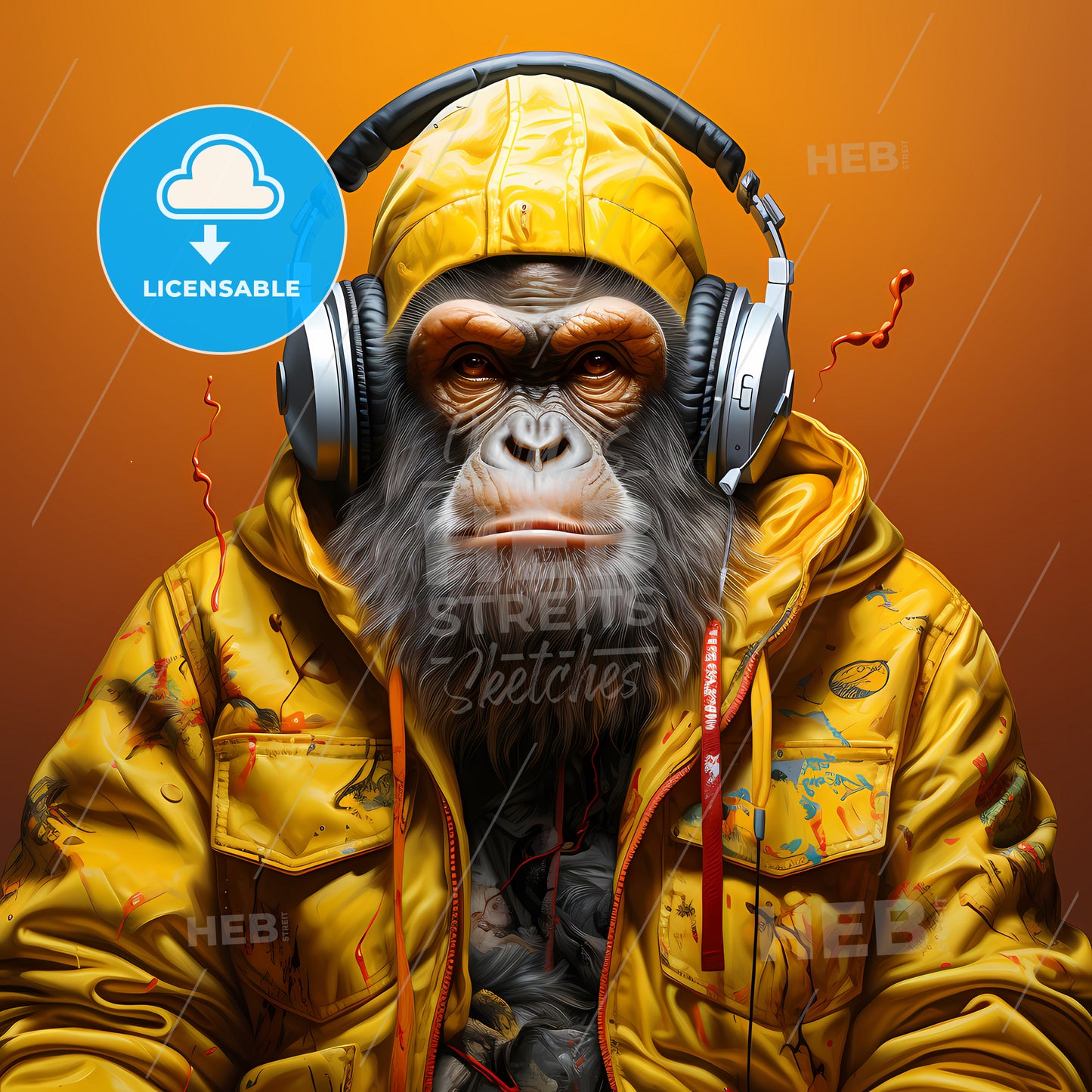 A Monkey Wearing Headphones And A Yellow Jacket