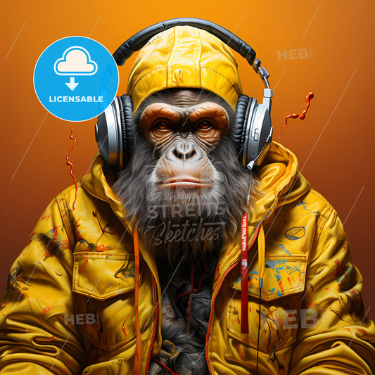 A Monkey Wearing Headphones And A Yellow Jacket