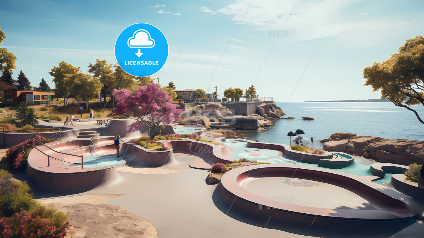 A Skate Park With A Body Of Water And Trees