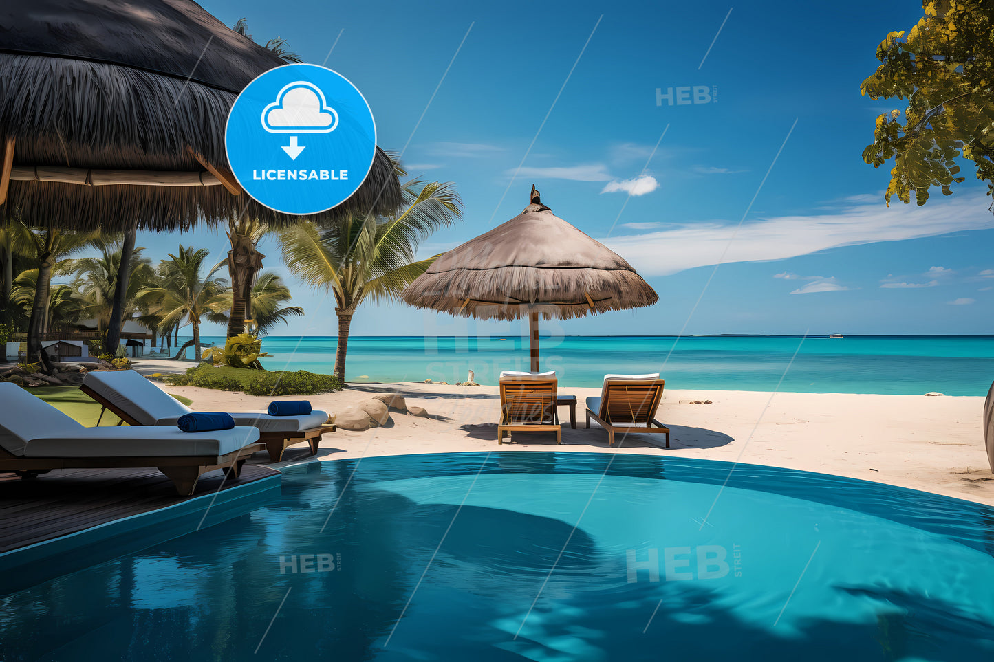 A Pool With Lounge Chairs And Umbrellas On A Beach