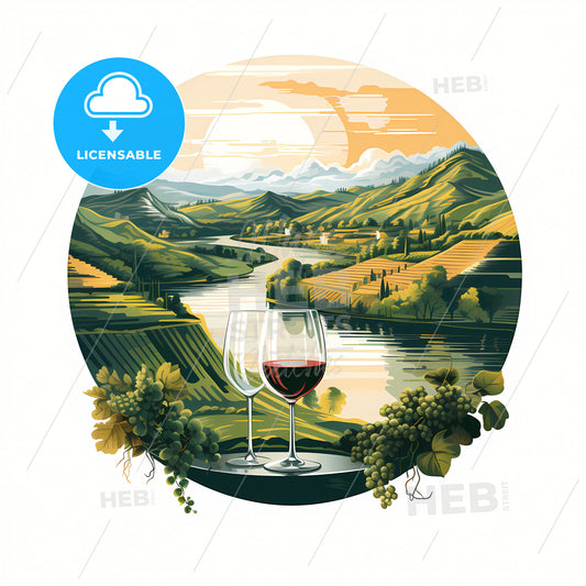 A Wine Glasses On A Table With A River And Hills In The Background