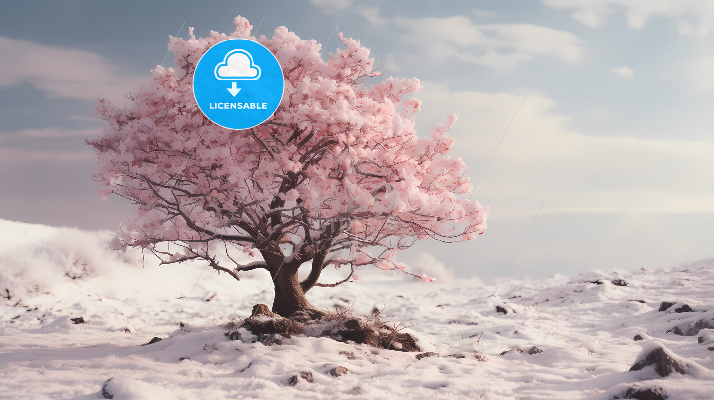 A Tree With Pink Flowers In Snow