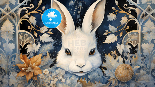 A White Rabbit With Brown Eyes And A Blue Background