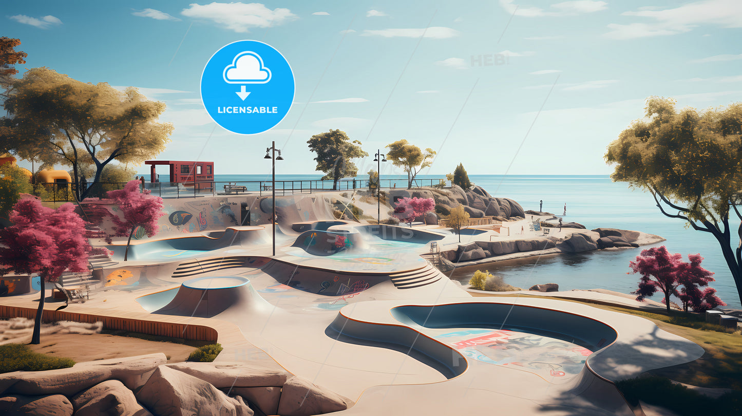 A Skate Park With A Body Of Water And Trees