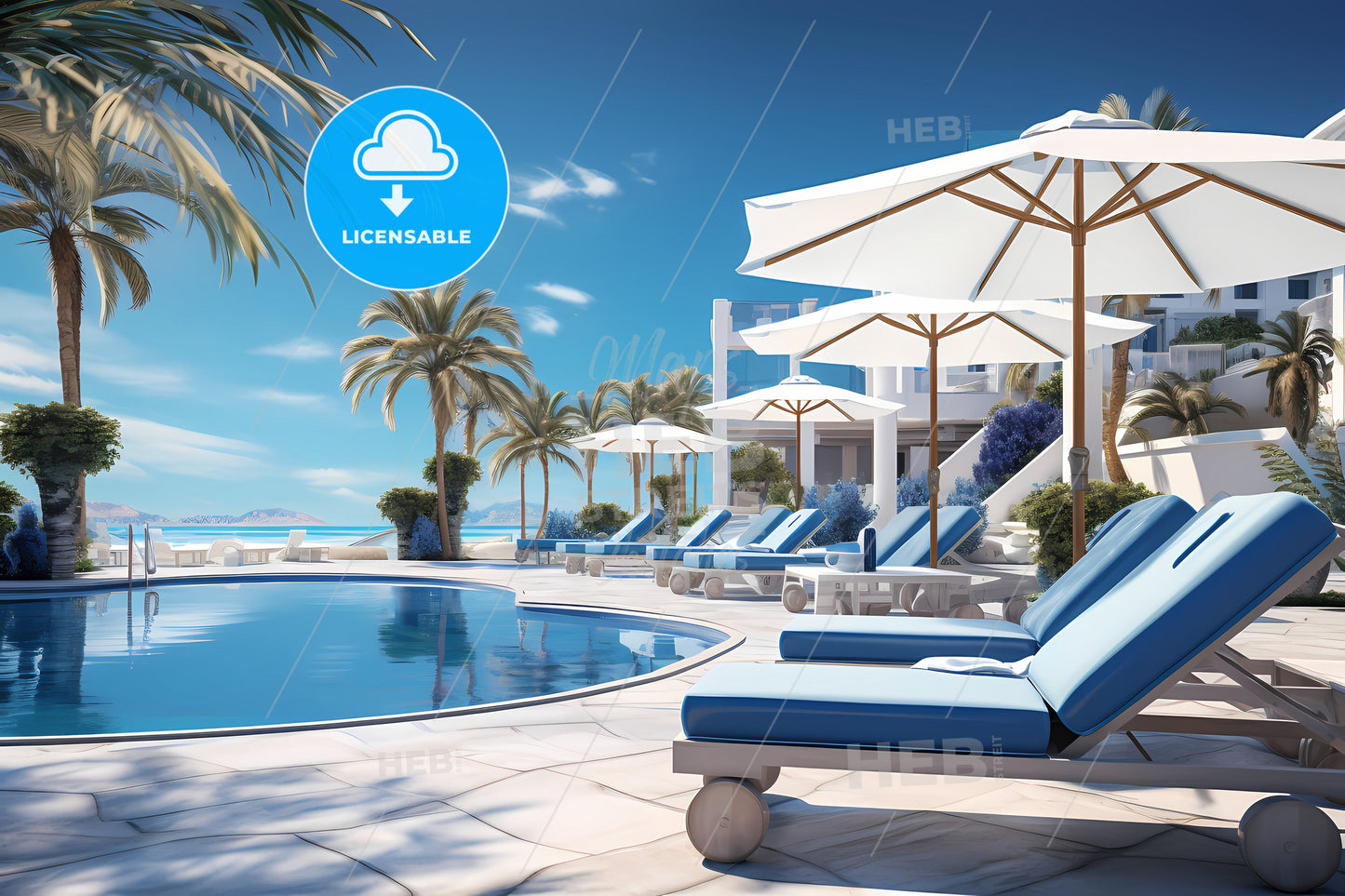 A Pool With Lounge Chairs And Umbrellas By A Building