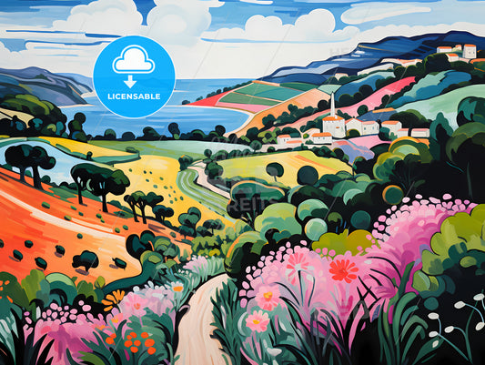 A Painting Of A Landscape With A Road And Flowers