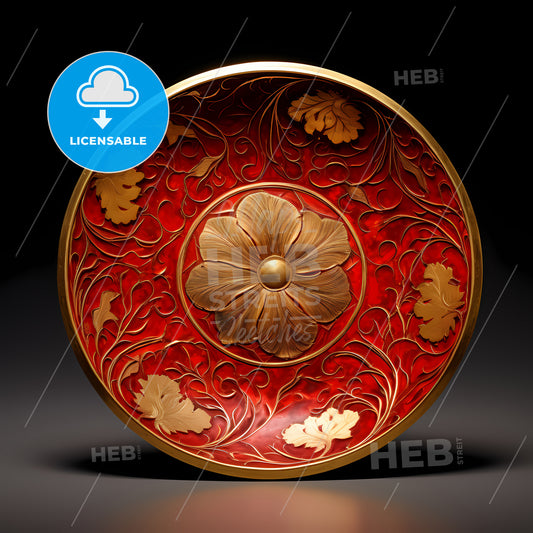 A Red And Gold Plate With A Flower Design