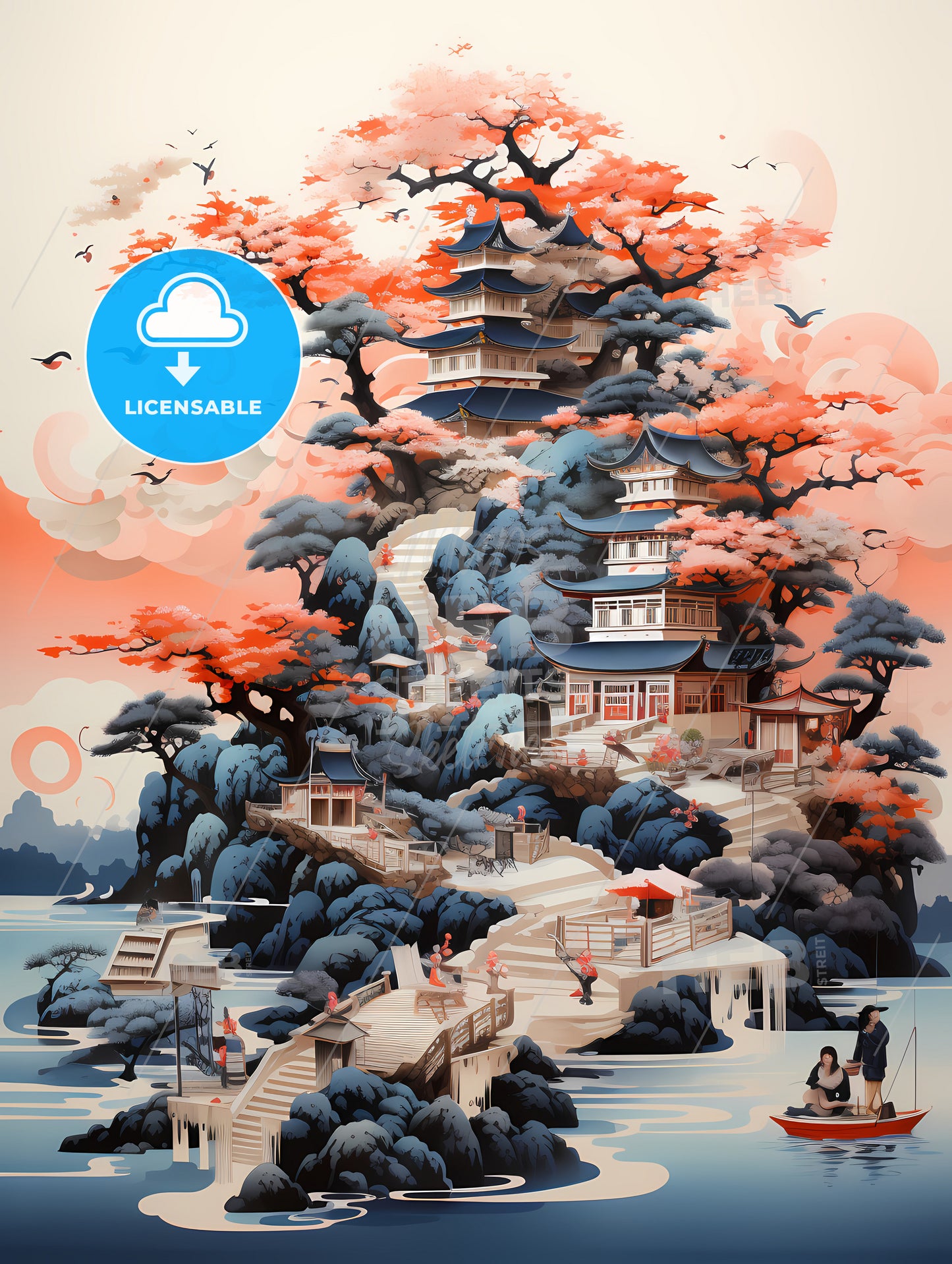 A Painting Of A Landscape With A Pagoda And Trees