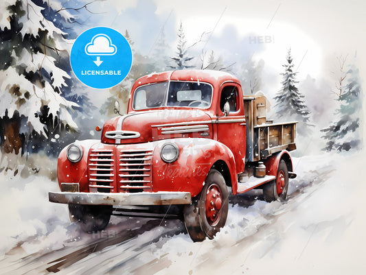 A Red Truck On A Snowy Road