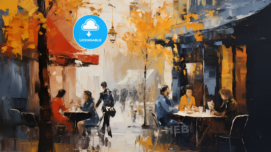 A Painting Of People Sitting At Tables Outside A Restaurant