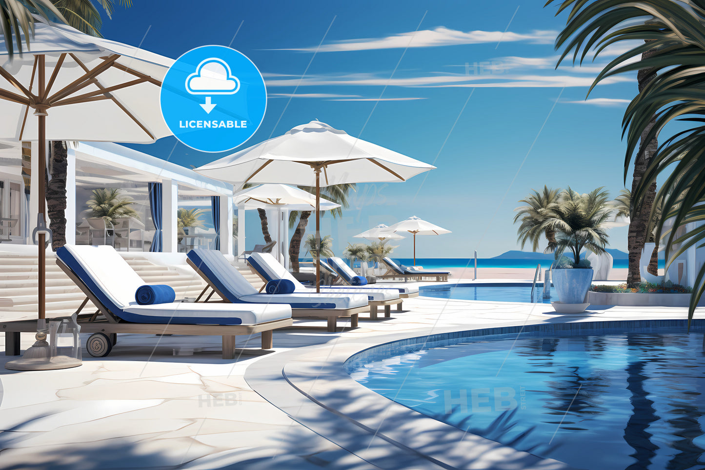 A Pool With Lounge Chairs And Umbrellas