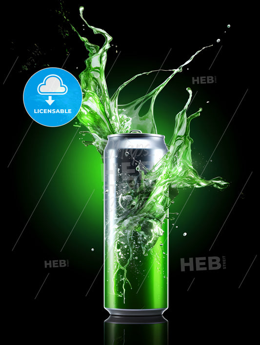 A Green Can With Splashing Liquid