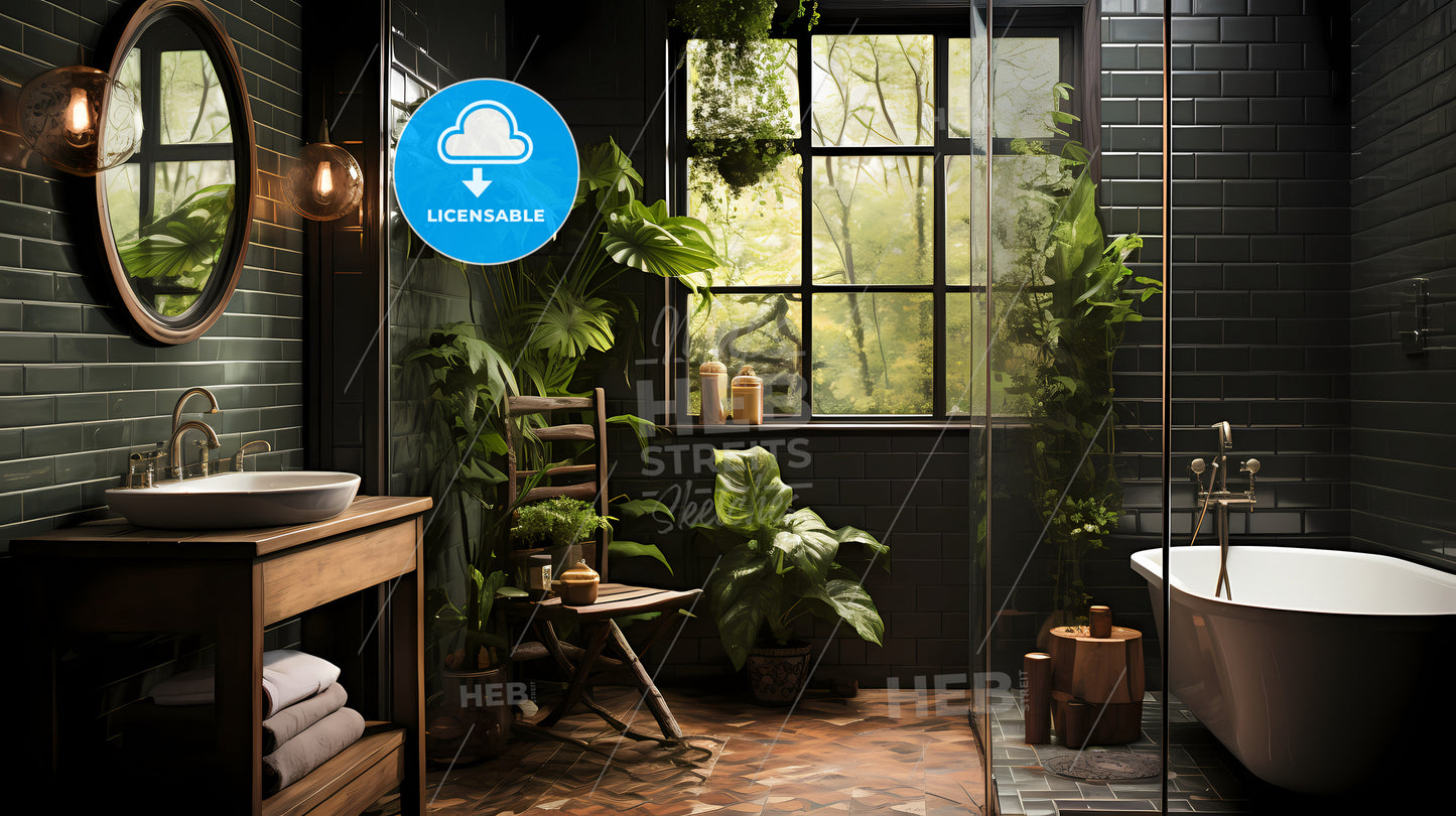 A Bathroom With Plants And A Window